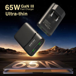 Cargador plano GaN USB C de 65W, cargador de pared rápido de doble puerto, adaptador de corriente compacto con enchufe plegable para teléfono móvil