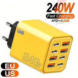 Cargador USB C GaN de 240W, 8 en 1, adaptador de corriente de carga rápida para iPhone, Samsung, Xiaomi, tipo C, enchufe europeo/estadounidense, cargador de pared