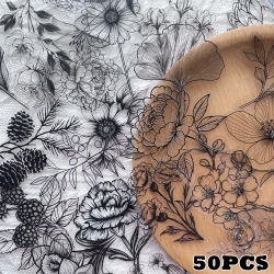 50 Uds. De pegatinas de plantas en blanco y negro, líneas simples, flores, decorativas impermeables, para ordenador portátil, álbum de recortes, diario, pegatinas para maceta DIY