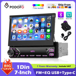 Podofo-Radio estéreo para coche, 1Din, pantalla retráctil, compatible con Mirror Link, Bluetooth, FM, con entrada USB EQ, puerto tipo C