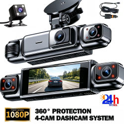 4 Canales 360 ° Cámara para Coche, Grabadora de Vídeo DVR, Caja Negra, FHD 1080P, Visión Nocturna, Grabación en Bucle, Monitor de Estacionamiento 24H