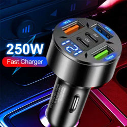 250W 5 puertos cargador de coche carga rápida PD QC3.0 USB C cargador de teléfono de coche tipo C adaptador en el coche para IPhone