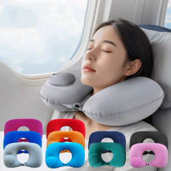 Almohada de Viaje Inflable en Forma de U, Cojín Ergonómico de Soporte Cervical, Almohada Ortopédica Plegable y Portátil para Protección del Cuello