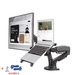Soporte para computadora portátil con monitor dual con USB3.0 NB F160-FP, brazo doble con resorte de gas para monitor de 17"-27" + soporte para computadora portátil de 10"-17"
