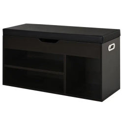 Zapatero Acolchado para Entrada, Mueble de Entrada con Zapatero, con 3 Compartimentos, Asiento de Cuero PU, para Sala de Estar y Pasillo, 80x30x43 cm, Negro