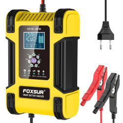 Foxsur-cargador de batería de coche completamente automático, 12V, 12A, pantalla Digital, cargadores de reparación de pulso de potencia, ácido de plomo seco y húmedo