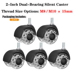 5 ruedas giratorias silenciosas de PU de 2 pulgadas con doble rodamiento, vástago roscado M8/M10 x 15 mm, 360 grados ° Ruedas Giratorias para Muebles, Sillas de Oficina y Carritos