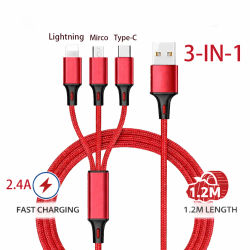 Cable de carga rápida 3 en 1 para iPhone, Xiaomi, USB-C, Micro USB, cable cargador USB multipuerto de 1,2 m para teléfonos, tabletas y dispositivos