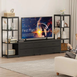 Mueble para TV para sala de estar, centro de entretenimiento con 6 cajones, para televisores de hasta 190 cm, consola multimedia industrial para TV con 2 estanterías industriales de 4 niveles con