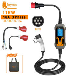 Cargador Portátil para Vehículos Eléctricos Feyree Tipo 2, 11KW, 16A, 3 Fases, Caja de Carga EVSE con Corriente Ajustable, Enchufe CEE Macho para Cargador de Coche Eléctrico