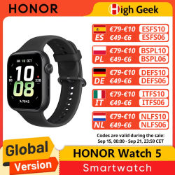Versión Global HONOR Watch 5 Smartwatch Seguimiento GPS preciso Escaneo rápido de salud Pantalla grande de 1,85 pulgadas Batería de larga duración de hasta 15 días Compatible con GPS IP68