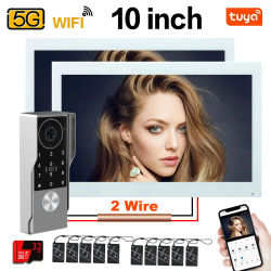 Videoportero de 2 hilos de 7/10 pulgadas con 2 monitores, compatible con la aplicación TUYA, desbloqueo por tarjeta IC y PIN, sistema de videoportero inteligente para el hogar, 1080P