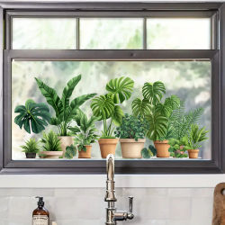 Calcomanías de Ventana con Diseño de Plantas Tropicales en Maceta, Adhesivos de Pared con Diseño de Palma Monstera, Adornos Verdes para Ventanas de Cocina y Decoración del Hogar