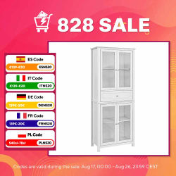 HOMCOM Alacena de Cocina Mueble Vitrina con 4 Puertas de Vidrio Templado Cajón y Estantes Ajustables 74x35,5x181,5 cm Blanco