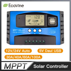 Controlador de Carga Solar MPPT 12V 24V, Cargador de Batería para Panel Solar 30A 40A 50A 60A 100A, Regulador con Pantalla LCD y Doble USB