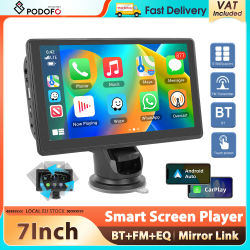 Reproductor de Pantalla Inteligente Podofo de 7'' con Carplay, Android Auto, Aiplay, Android Cast, EQ, Monitor para Auto, Audio AUX, Transmisión FM, Reproductor BT para Auto