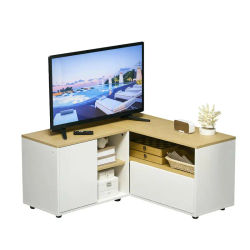 Mueble de TV esquinero para televisores de hasta 40 pulgadas con almacenamiento, aspecto madera clara y blanca