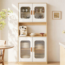 Mueble de cocina tipo buffet de gran altura, Mueble de almacenaje de cocina en blanco y madera, Mueble de cocina con puerta transparente, bandeja para microondas, armario cerrado