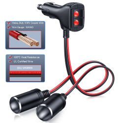 12V 24V 1 a 2 encendedor de cigarrillos de coche 16AWG 1 a 2 adaptador divisor de encendedor de cigarrillos de coche cargador de energía con fusibles de 10A
