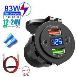 Enchufe de cargador de coche de 83W PD30W, adaptador de corriente de teléfono con salida USB Dual + tipo C de carga rápida con voltímetro para motocicleta, camión y barco