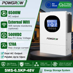 Inversor Híbrido Solar POWGROW de 6.5KW, 48V, Onda Sinusoidal Pura, Controlador de Carga Solar MPPT de 120A, Compatible con Funcionamiento en Paralelo, con Monitor WIFI