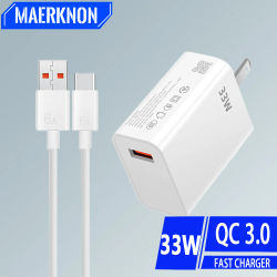 Cargador USB de 33W de carga rápida, cargador de pared con enchufe UE/EE. UU., Cable tipo C 6A para Xiaomi Redmi K30 K40, adaptador de teléfono de carga rápida para iPhone