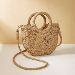 Bolso de mano de mimbre de paja de media luna para playa, bolso de hombro cruzado de gran capacidad para mujer de verano