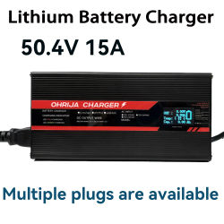 OHRIJA-cargador rápido de alta potencia, 50,4 V, 15A, para cargador de batería de iones de litio de 12 S y 48V, pantalla inteligente de alta potencia, carcasa de aluminio