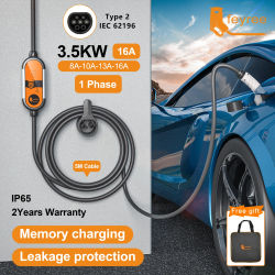 Cargador Portátil para Vehículos Eléctricos Feyree Tipo 2, 16A, 3.5kW, Cable de Carga EVSE de 5m con Enchufe Schuko, Corriente Ajustable para Cargador de Coche Eléctrico