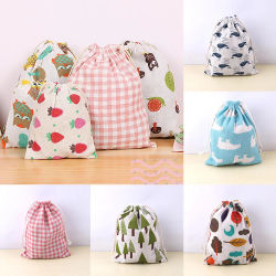Bolsa de tela de lino y algodón con cordón para niños, bolsa de almacenamiento de zapatos de tela de viaje con estampado de plantas y animales bonitos, estuche de maquillaje, bolsa de regalo, 1 unidad