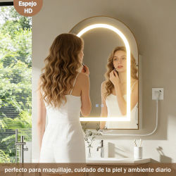 Espejo de Baño Moderno con Luz LED Inteligente, Antivaho, Estación de Carga, Mueble de Almacenamiento de Madera, Espejo de Belleza Blanco para el Hogar