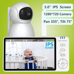 Monitor de vídeo para bebé con pantalla HD IPS de 5 ", 720P, Pan Tilt, cámara con Zoom 4X, niñera, Audio bidireccional, visión nocturna, batería de 3500mAh, canción de cuna VOX