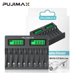PUJIMAX cargador de batería de 8 ranuras, adecuado para pilas recargables AAA/AA, protección contra cortocircuitos, pantalla LED, Cargador USB Ni-MH/ni-cd