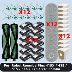 Repuestos y accesorios compatibles con ( iRobot Roomba Plus 415X / 415 / 515 / 516 / 575 / 576 Combo ): cepillo principal, cepillo lateral, paño de limpieza, bolsa para polvo, filtro.