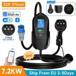 Cargador Portátil para Vehículos Eléctricos AFEEV 7.2KW Tipo 2 IEC62196-2, Cargador para Coche Eléctrico 32A EVSE, Cable de Carga Rápida, Control por APP y Bluetooth