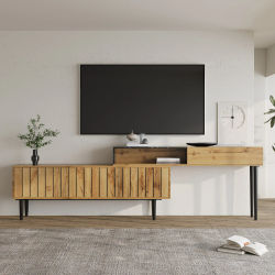 ​ ​ Soporte de TV Moderno de Dos Niveles, Estante Flotante y Mueble Base, Patas de Hierro Negras, Sala de Estar, Dormitorio ​ ​