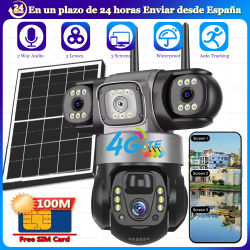 Cámaras Solares 4G IP Inalámbricas con SIM, 100M de Datos, Cámara CCTV, Seguridad Inteligente para el Hogar, Protección, 3 Lentes, Monitor, Videovigilancia Remota PTZ