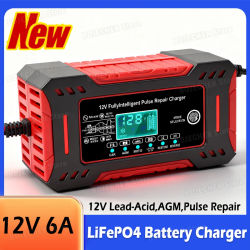 Cargador de Batería LiFePO4 de 14.6V 6A con Pantalla LCD, Cargador Inteligente de Reparación por Pulsos de 12V 6A Máx. para Baterías de Plomo-Ácido AGM de Coche y Moto