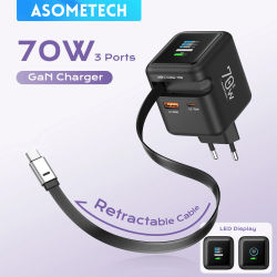 Cargador rápido GaN de 70W con Cable retráctil tipo C 3 en 1 PD3.0 QC4.0 PPS carga rápida para IPhone 16 15 14 Xiaomi Tablet Laptop