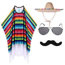 Disfraz de Fiesta Mexicana para niños y adultos, capa colorida, Poncho, Sombrero, gafas de sol, conjunto de bigote para Fiesta Mexicana, Halloween, Carnaval