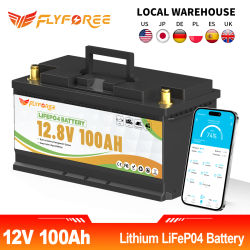 Batería de litio LiFePo4 FLLYROWTH de 12V 100Ah con Bluetooth y BMS de 100A para RV, barco, motor, inversor, energía solar, eólica, todoterreno, fuera de la red.
