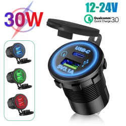 Cargador Universal para coche y motocicleta, luz LED, cargador USB TYPE-C, toma de corriente, cigarrillo, luz impermeable para Auto, camión, ATV, barco