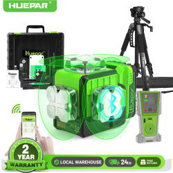 Huepar Nivel Láser 3D 12 Líneas Verde, con Mando, Bluetooth, Receptor/Trípode, Autonivelante y Base Magnética para Construcción P03