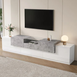 Mueble para TV de 2 Tonos Blanco y Gris Cemento, Consola Multimedia Minimalista con Estante de Vidrio Templado, Cajón Central y Puertas Laterales Plegables, Equipado con Bisagras de Cierre Suave y