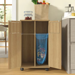 Mueble Contenedor de Basura con Ruedas, Gabinete de Almacenamiento de Residuos de Cocina de Madera, Mueble Contenedor de Basura de 2 Compartimentos, Mueble Contenedor de Basura Móvil Independiente