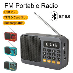 Radio FM Portátil Recargable con Pantalla LCD, Reproductor de Música Digital FM USB TF MP3 con Linterna y Altavoz Bluetooth Inalámbrico