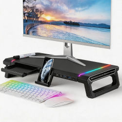 Soporte elevador para monitor RGB con concentrador USB 2.0/3.0, soporte ergonómico para computadora, organizador de escritorio, soporte plegable para pantalla con cajón de almacenamiento, ranura para