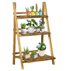 Outsunny Soporte para Plantas de 3 Niveles Estantería para Plantas Plegable Soporte para Macetas de Madera para Interior y Exterior 60x37x93 cm Natural