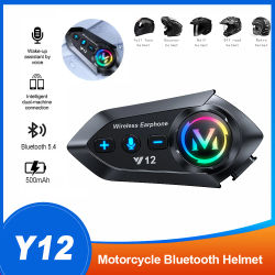 Auriculares Bluetooth 5.4 para Casco de Motocicleta Y12, Control de Voz Estéreo, Llamadas Manos Libres, Impermeables, 500 mAh, con Luz Ambiental