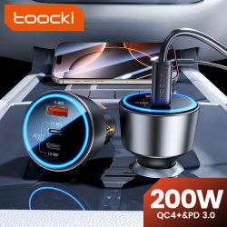 Toocki 200W cargador de coche USB tipo C QC 4,0 PPS 45W PD 100W carga rápida USB C cargador de teléfono de coche para iPhone 16 15 Samsung Macbook